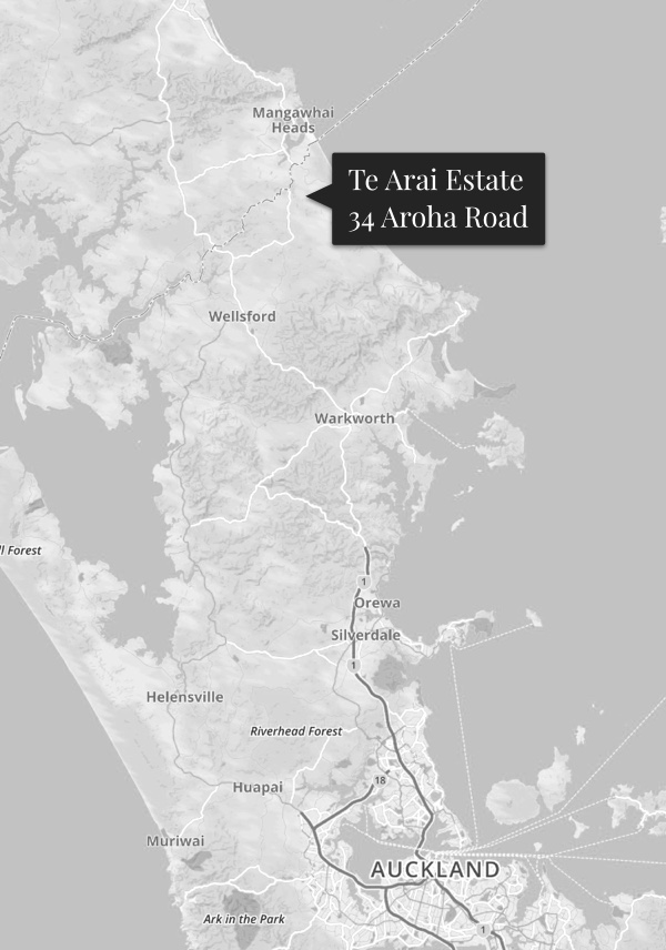Map showing the location of Te Arai Estate at 34 Aroha Road